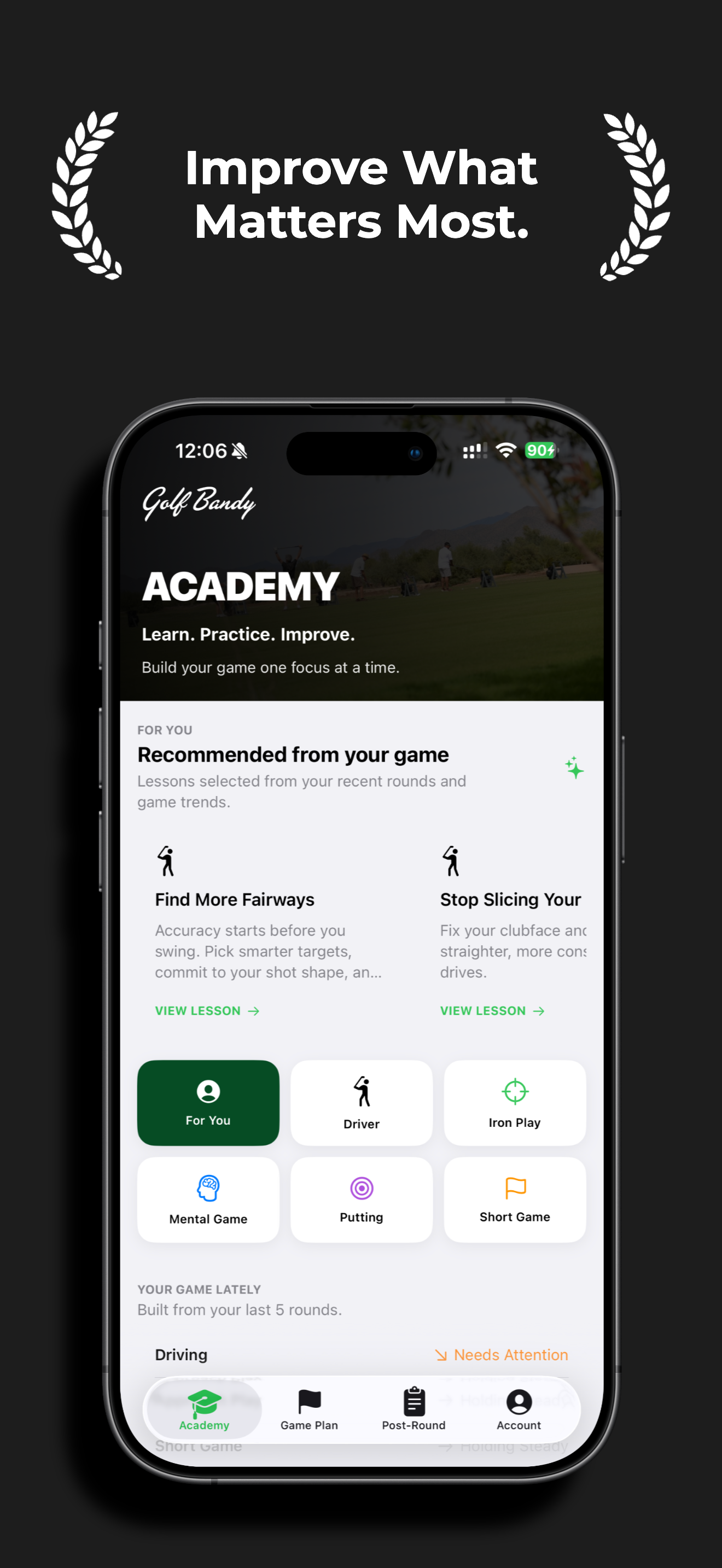 Golf Bandy Academy personalized golf lesson recommendations
